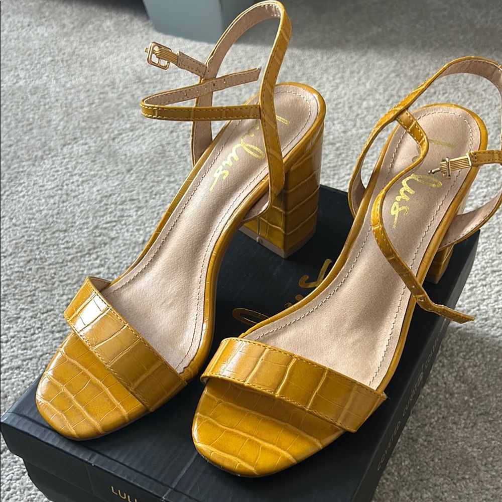 Lulu's Yellow Heels with Block Heel and Open Toe Design
